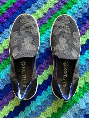 Rothy's Black and Gray Camo Knit Slip-On Sneakers